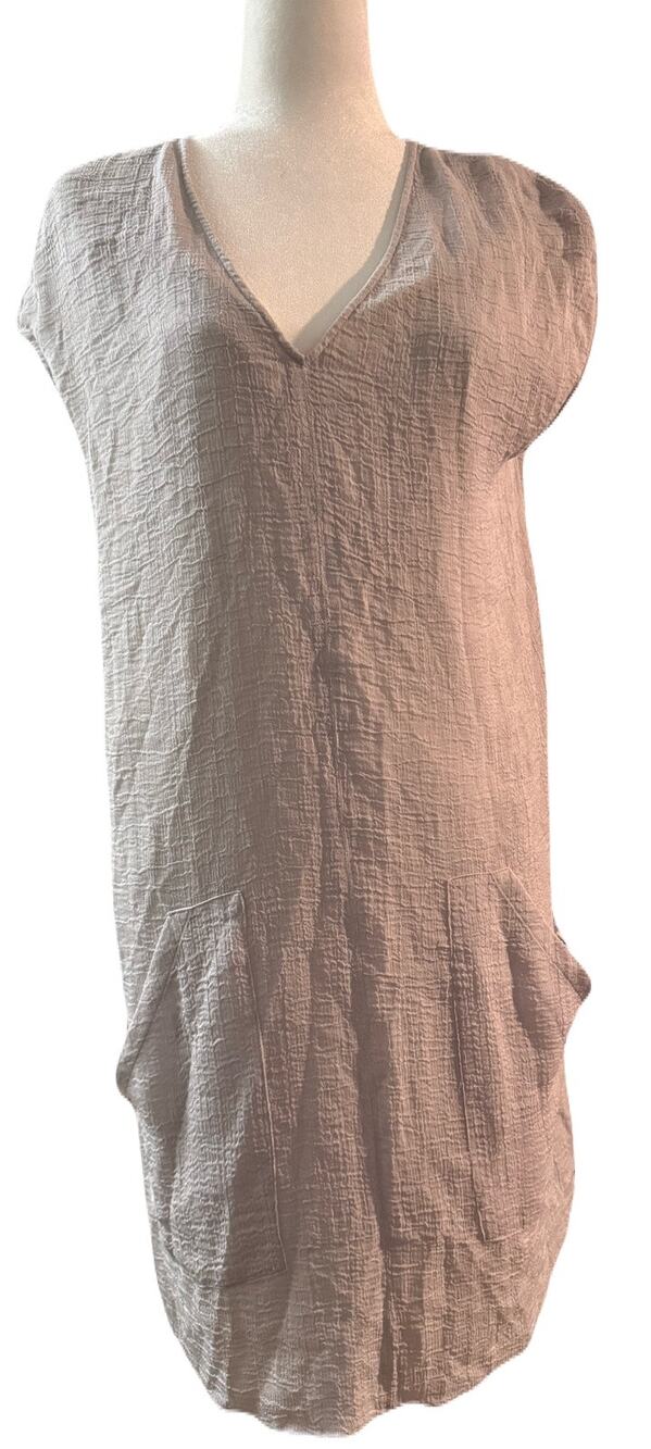 Helmut Textured Gauze Shift Dress Gray V-Neck Short Sleeve Pockets Size Medium